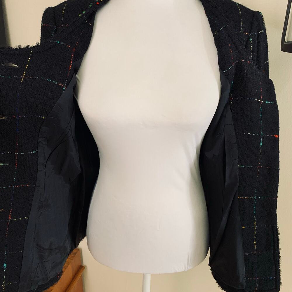 Vintage Rickie Freeman Size 8 Wool Tweed Blazer Jacket Black Colorful Fringe - Picture 11 of 13